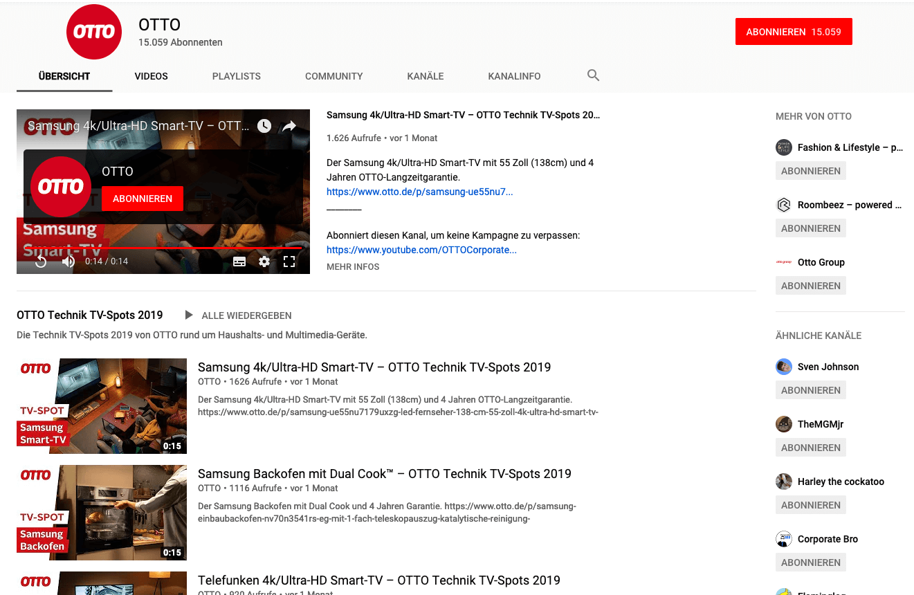 Der YouTube-Kanal von OTTO ist in unterschiedliche Playlists und Kanalabschnitte gegliedert. 